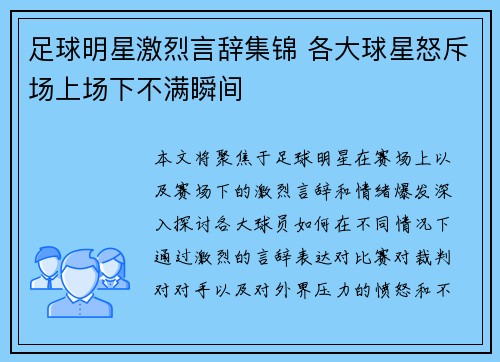 足球明星激烈言辞集锦 各大球星怒斥场上场下不满瞬间